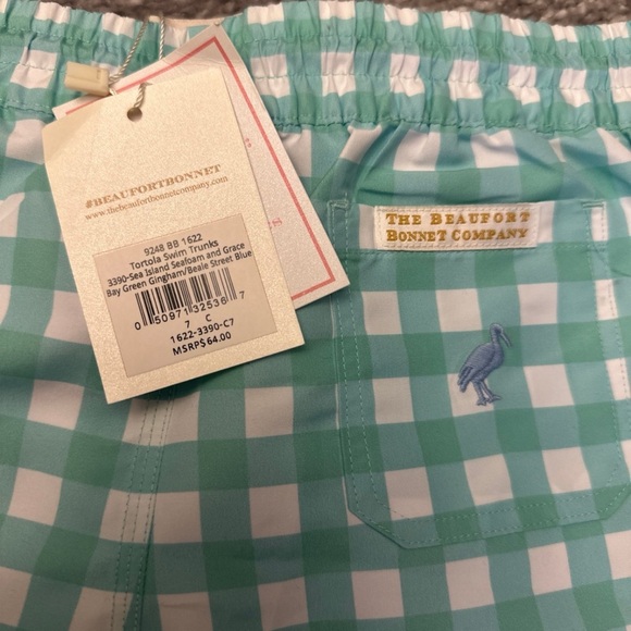 NWT boys The Beaufort Bonnet Co. Seafoam gingham swim trunks 7 - Picture 3 of 3